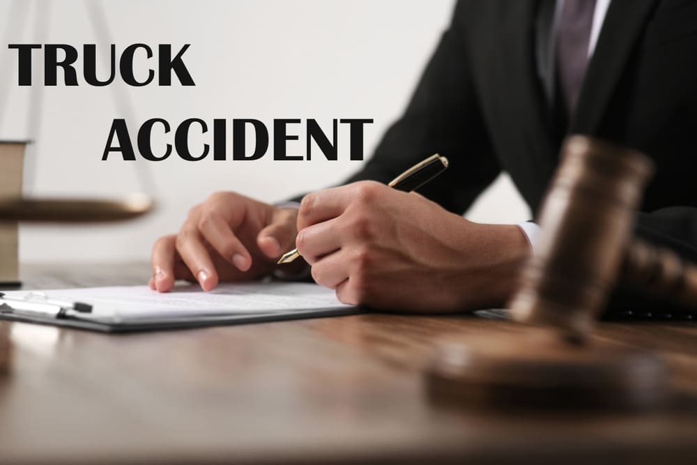 TruckAccidentLawJudgeWorkingAtWoodenTableCloseup