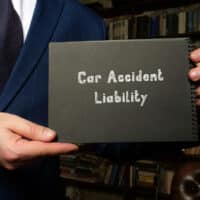 ConceptualPhotoAboutCarAccidentLiabilityWithHandwrittenPhrase Person in a suit holding a notebook labeled "Car Accident Liability," symbolizing legal guidance for accident claims in Michigan.