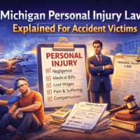 Michigan Personal Injury Laws Michigan personal injury laws graphic featuring a lawyer, accident victim, and checklist of key elements: negligence, medical bills, lost wages, pain and suffering, compensation.