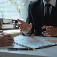 Lawyer discussing personal injury case with client, emphasizing legal strategies for settlements and trials.