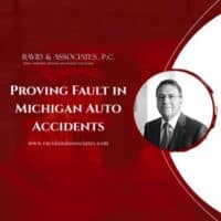 Podbean 13 1 Ravid & Associates, P.C. logo with text "Proving Fault in Michigan Auto Accidents," featuring a professional portrait, emphasizing legal expertise in auto accident cases and fault determination in Michigan.
