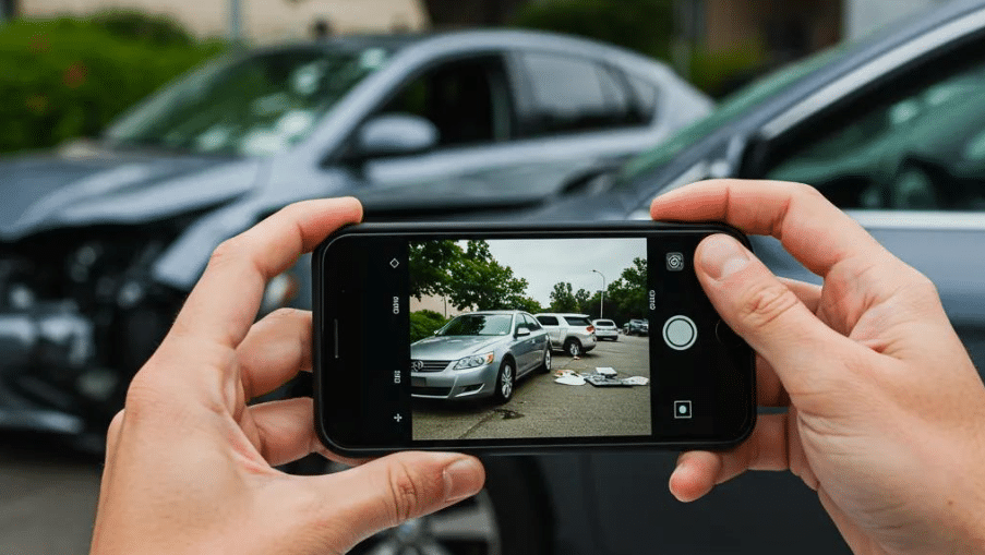 What Are the First Steps to Take After a Car Accident in Michigan | Detroit Personal Injury Attorneys Person taking a photo of a car accident scene with a smartphone, capturing damaged vehicles and surrounding details for documentation in a car accident claim process.