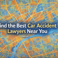 find the best accident lawyers near you Map of Detroit with highlighted areas, text overlay reading "Find the Best Car Accident Lawyers Near You," emphasizing local legal representation for car accident claims in Michigan.