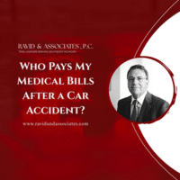 Ravid & Associates, P.C. logo and text "Who Pays My Medical Bills After a Car Accident?" with a professional image, emphasizing legal guidance on medical bill responsibilities under Michigan's no-fault insurance system.