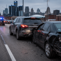 Rear-end collision on a highway with a city skyline in the distance; several cars are stopped and emergency lights are visible ahead.