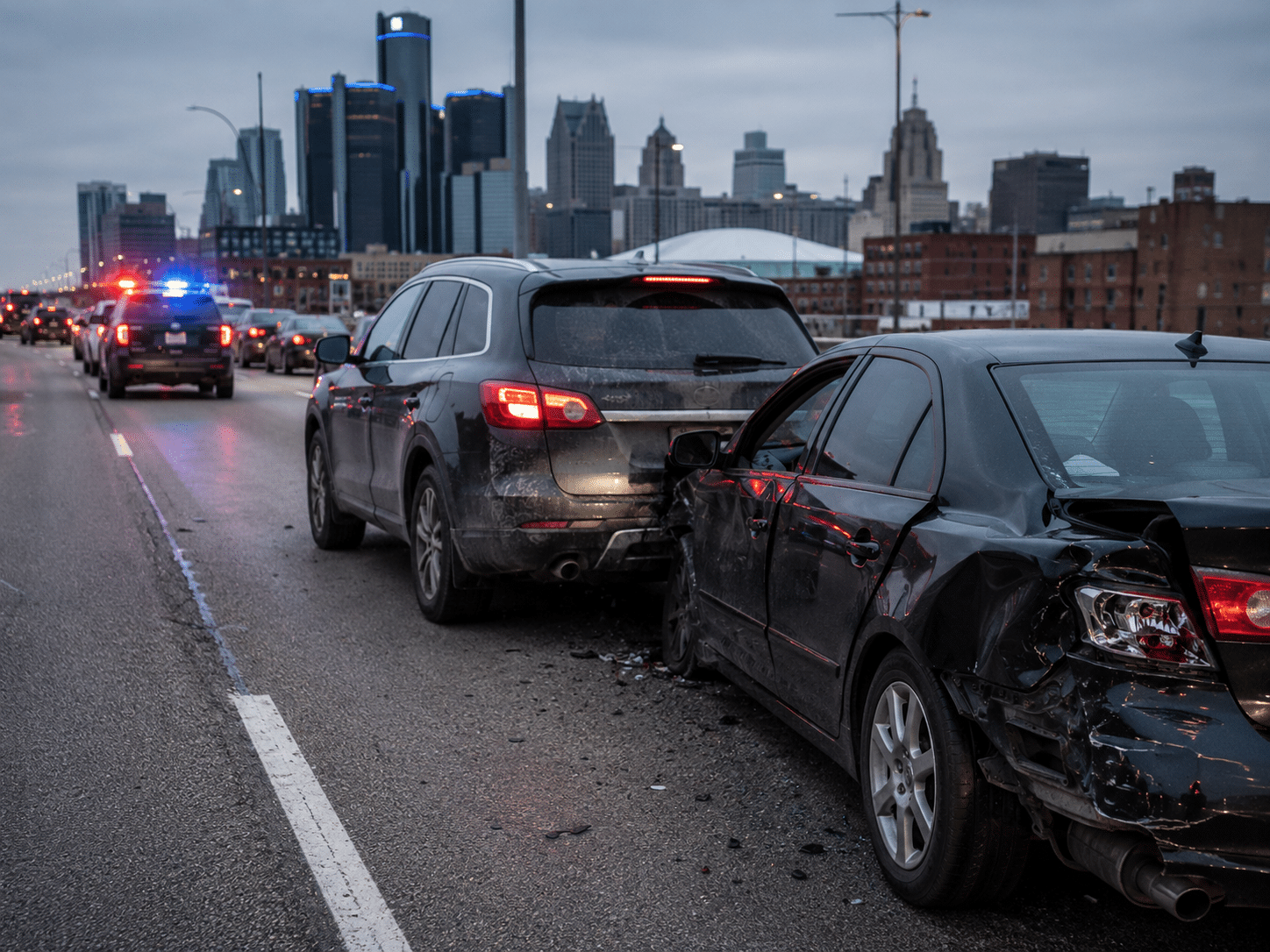 Rear-end collision on a highway with a city skyline in the distance; several cars are stopped and emergency lights are visible ahead.