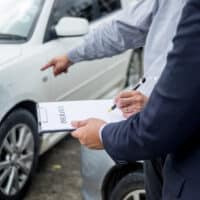 InsuranceAgentWritingOnClipboardWhileExaminingCarAfterAccident InsuranceAgentWritingOnClipboardWhileExaminingCarAfterAccident