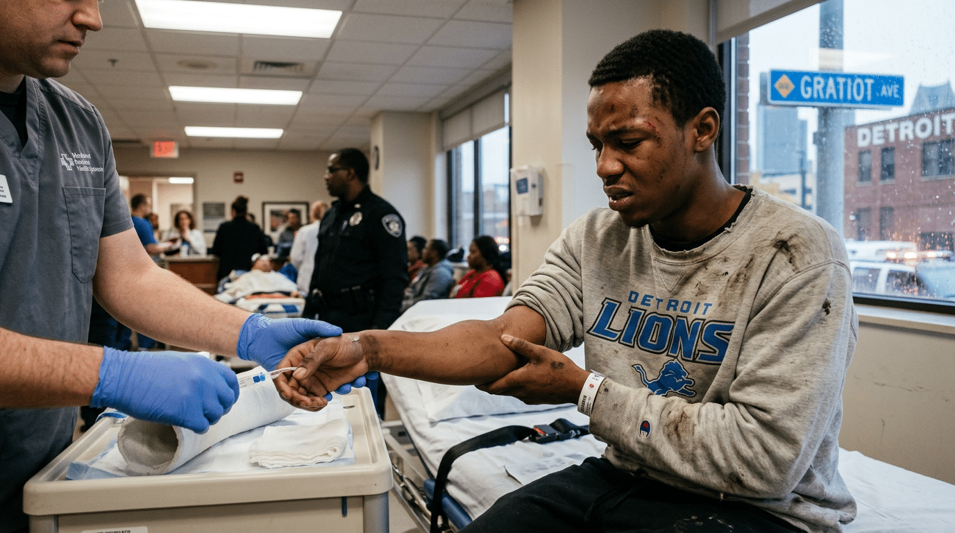 Injured man receiving medical care for broken bone following accident in Michigan.