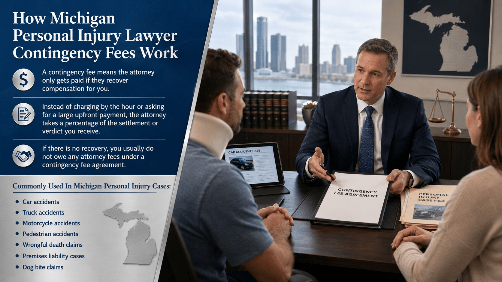 Michigan personal injury lawyer explaining contingency fees and settlement to clients