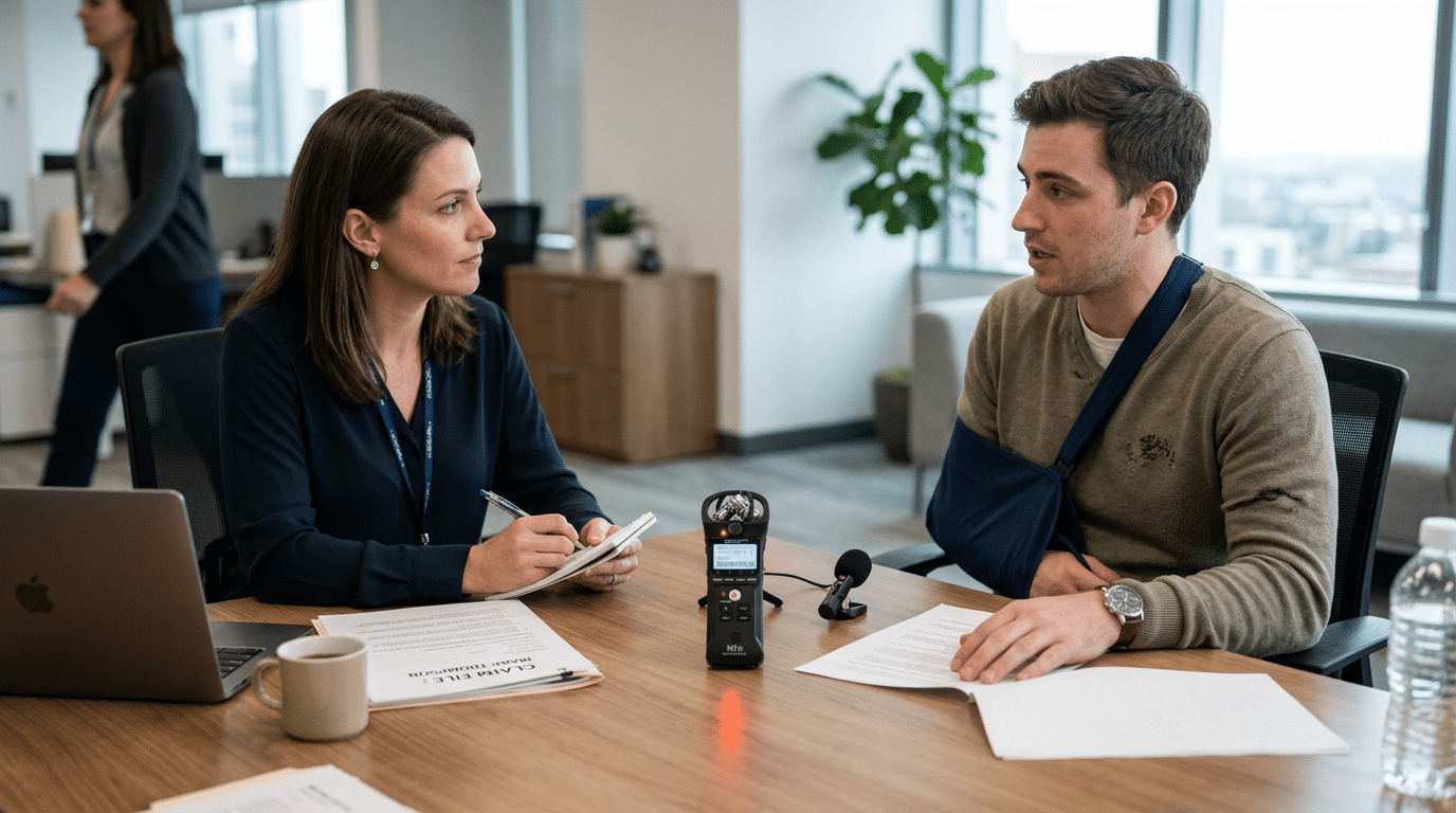 Insurance adjuster recording statement with injured man after a car accident in Michigan.
