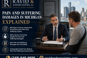 Michigan personal injury attorney discussing pain and suffering damages with client.