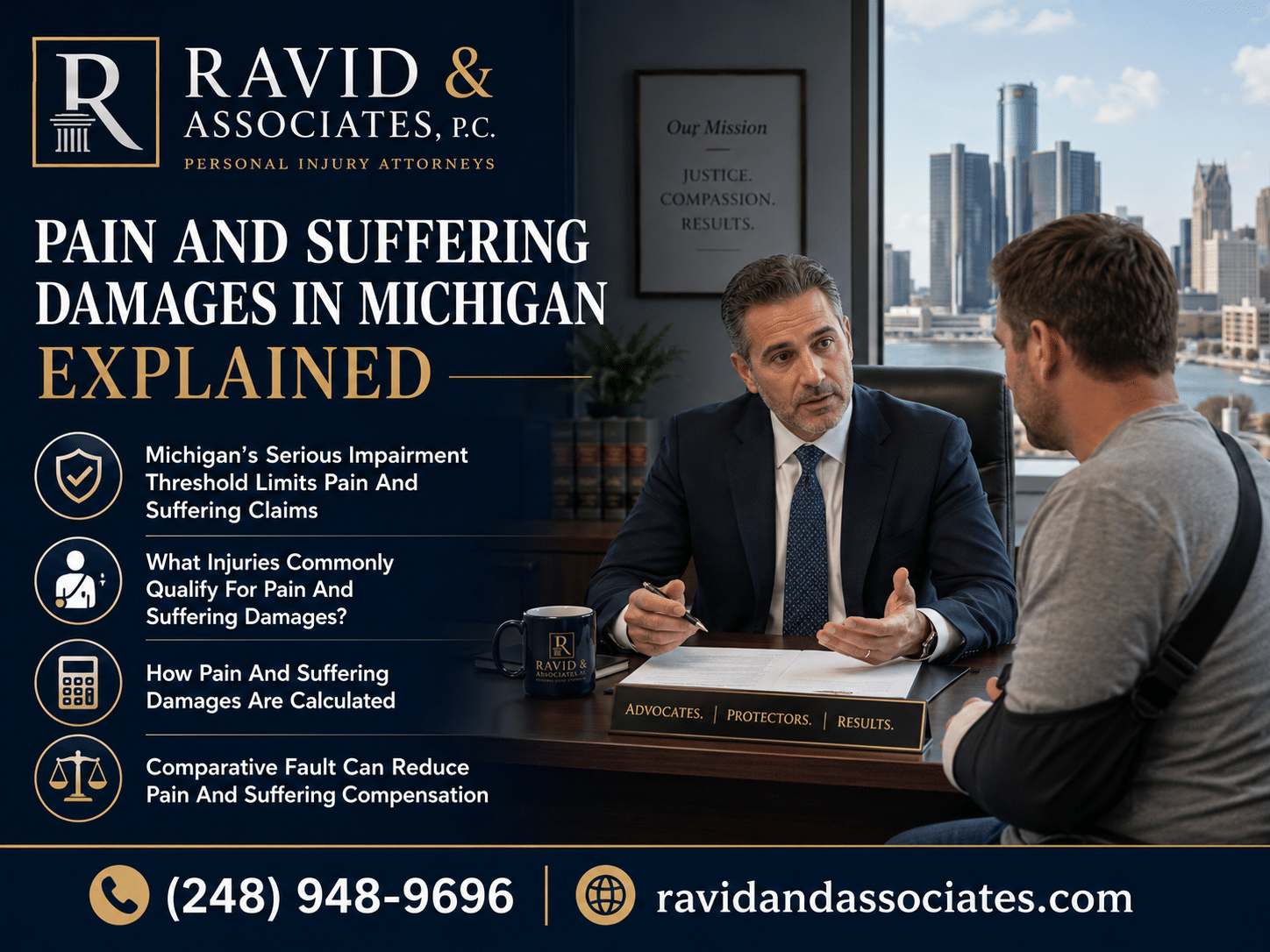 Michigan pain and suffering damages explained: attorney consulting with client after accident.
