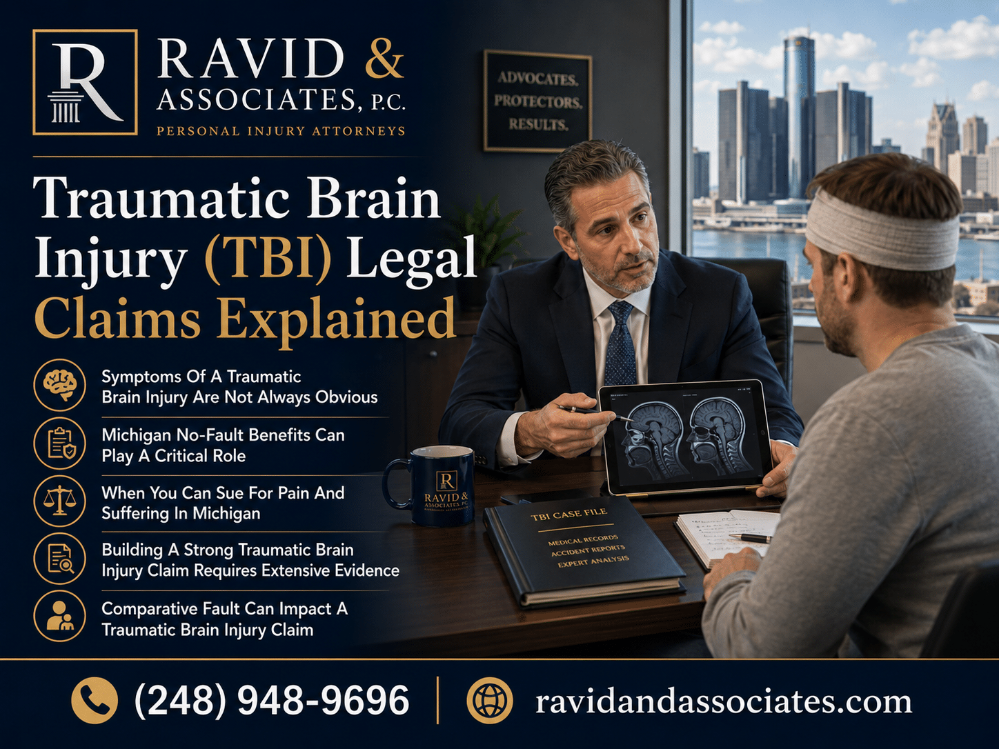 Traumatic brain injury legal claims explained: attorney consulting with client about TBI symptoms, Michigan No-Fault benefits, and building a strong claim.