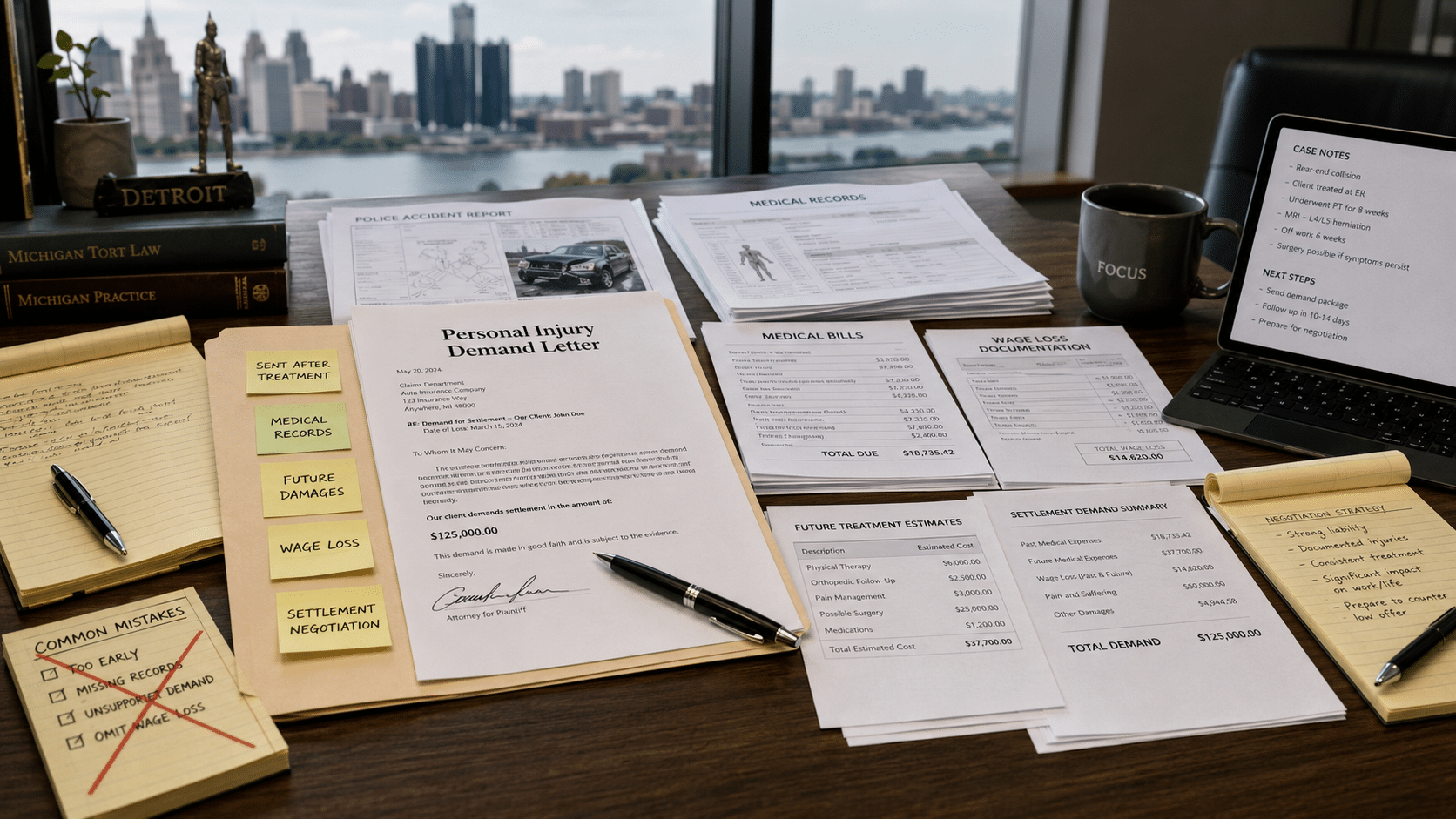 Michigan personal injury demand letter with medical bills and settlement documents on desk.