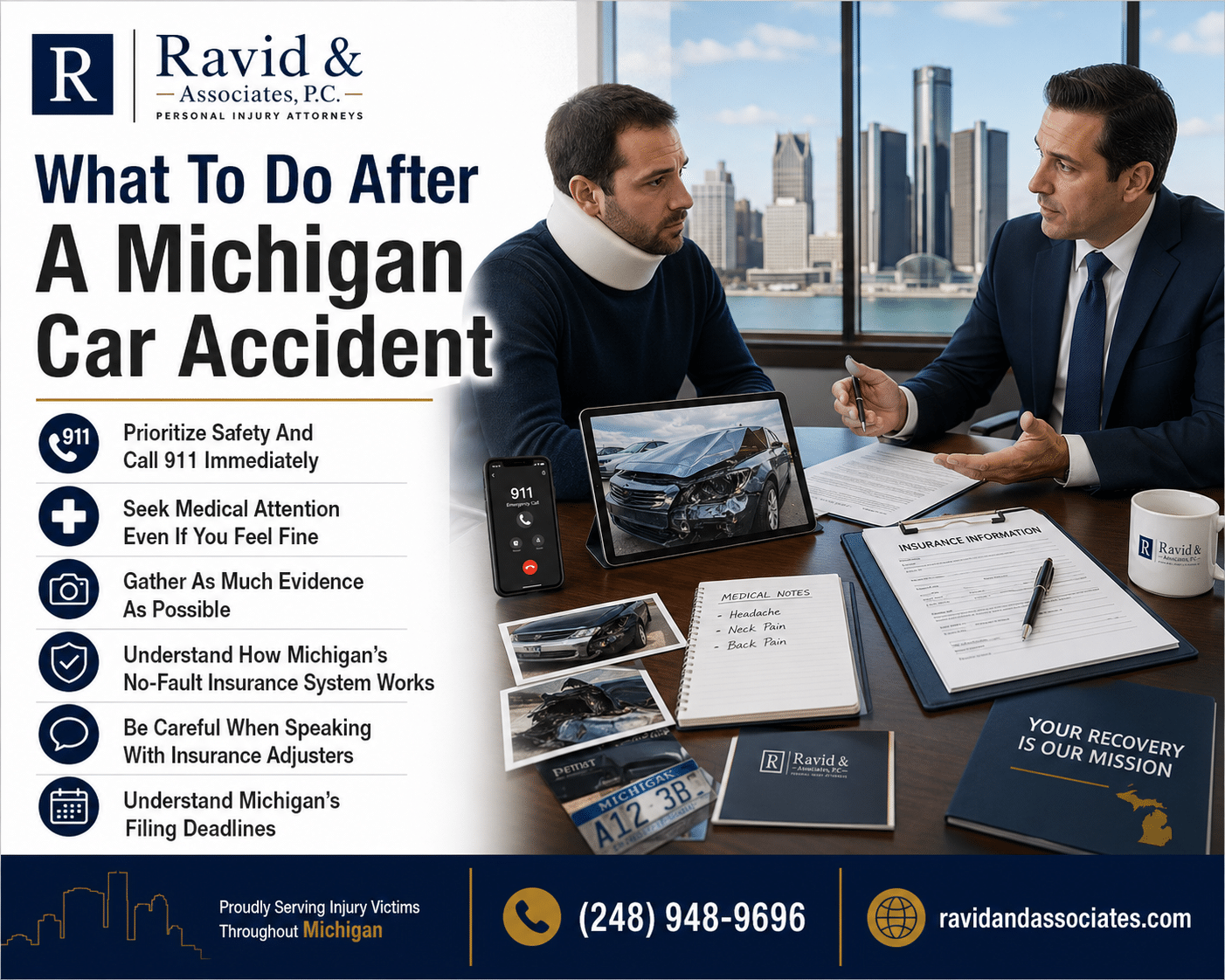 Michigan car accident victims and attorneys discussing legal rights and recovery in Southfield.