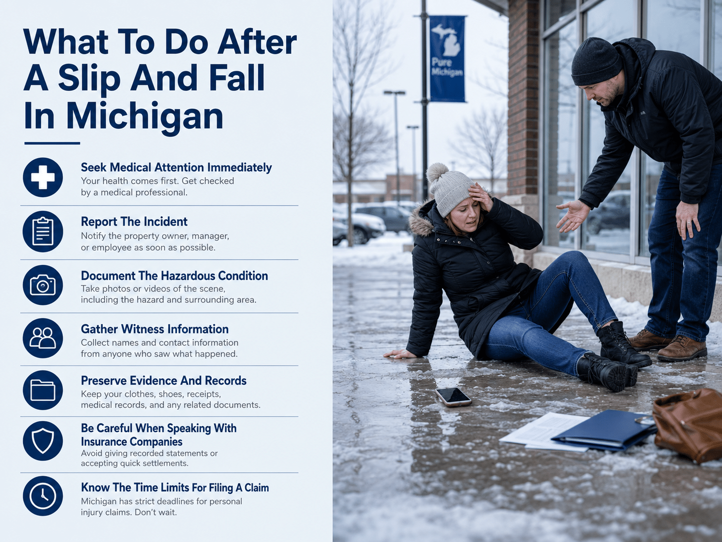 Slip and fall accident in Michigan: seeking medical attention, reporting the incident, documenting hazardous conditions, and gathering witness information.
