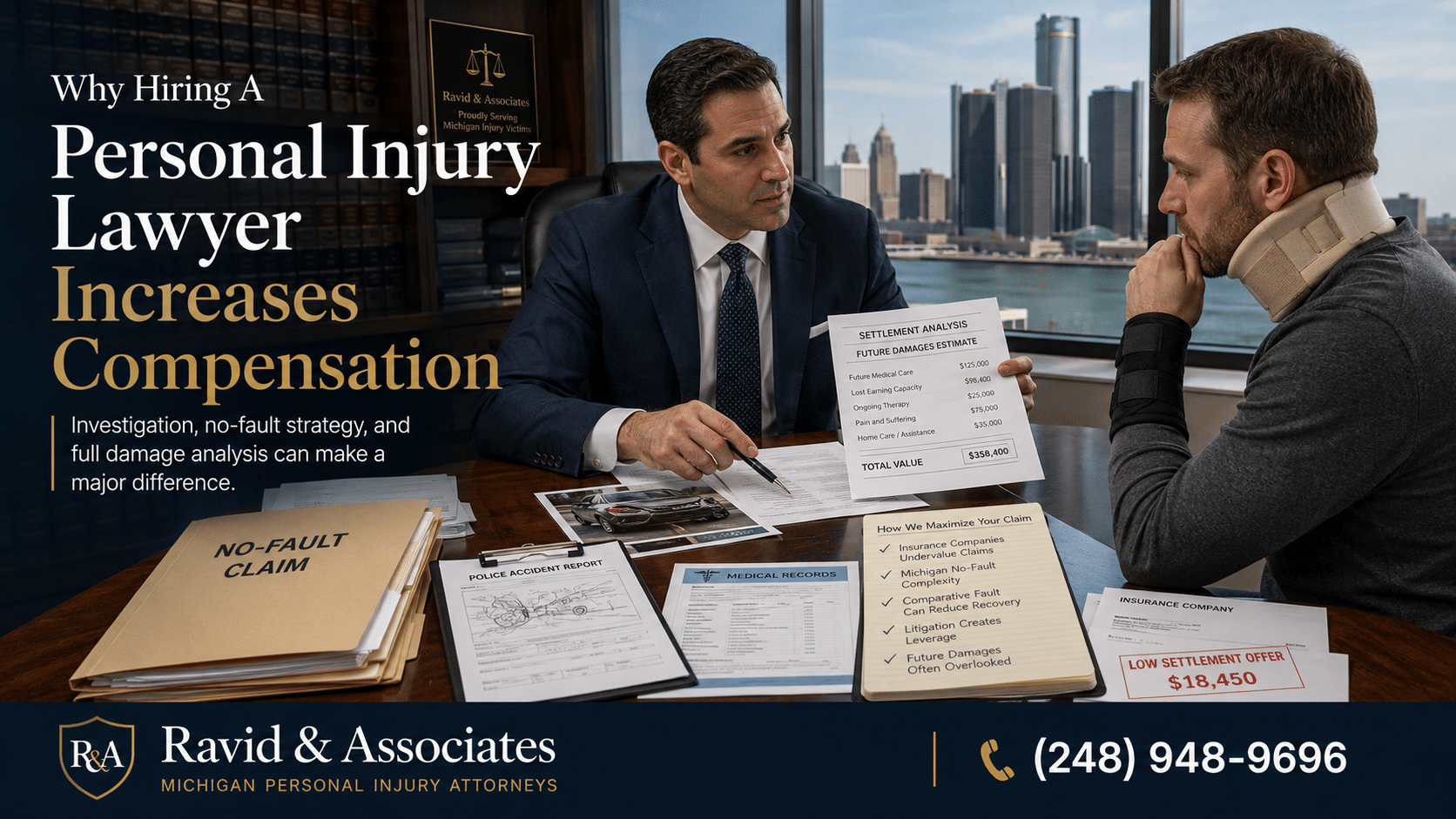 Personal injury lawyer consultation and settlement analysis increasing compensation after an accident.