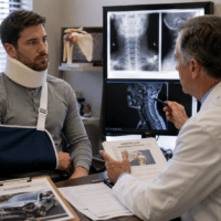 Patient wearing a cervical neck brace sits across from a doctor who is pointing to spinal X-ray images on two monitors during aconsultation .