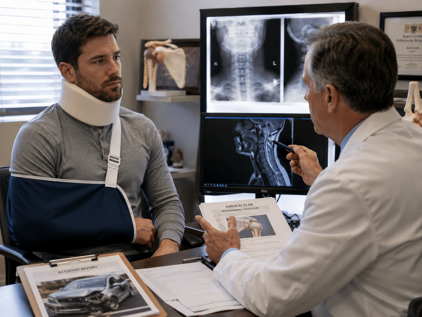 Patient wearing a cervical neck brace sits across from a doctor who is pointing to spinal X-ray images on two monitors during aconsultation .