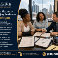 Advertisement for a Michigan personal injury firm showing a five-step guide to settlements with a meeting of clients and a lawyer nearby a desk full of documents.
