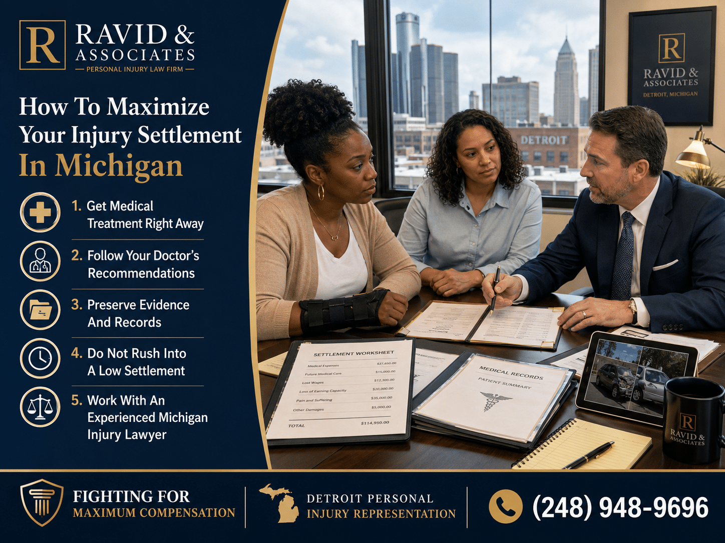 Advertisement for a Michigan personal injury firm showing a five-step guide to settlements with a meeting of clients and a lawyer nearby a desk full of documents.