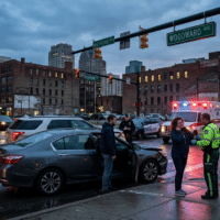 Downtown night-to-dusk street scene after a car crash: a gray sedan with open door, police, and an EMT advising two pedestrians at the intersection.