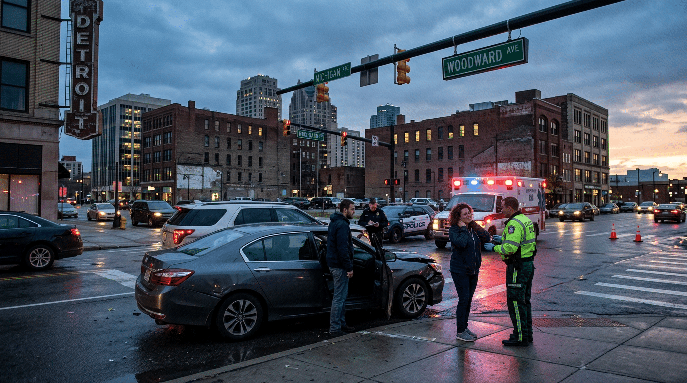 Downtown night-to-dusk street scene after a car crash: a gray sedan with open door, police, and an EMT advising two pedestrians at the intersection.
