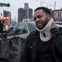 Man wearing a neck brace sits beside a damaged sedan on a city street; ambulance lights and responders in the background, with a Detroit sign visible.