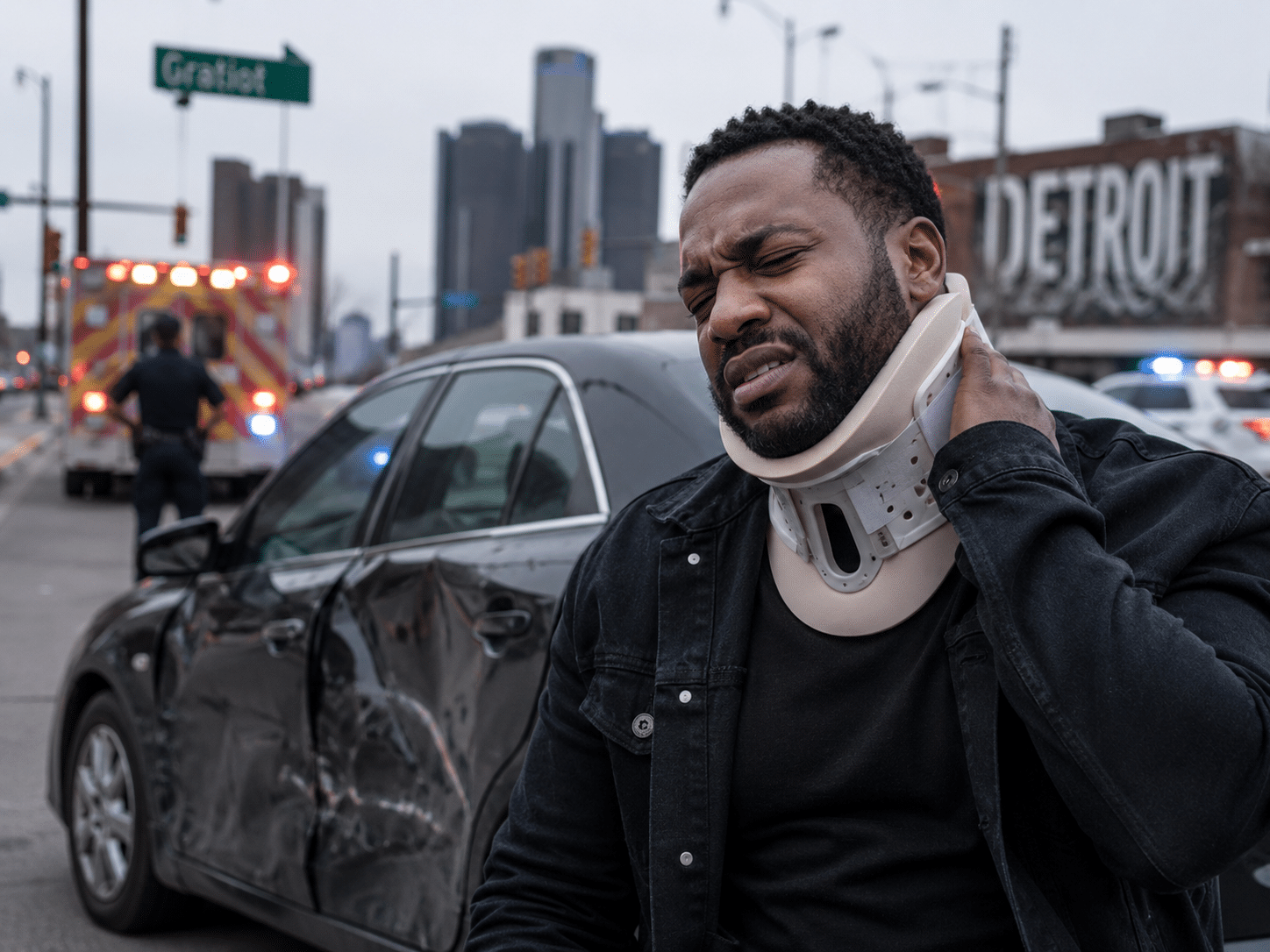 Man wearing a neck brace sits beside a damaged sedan on a city street; ambulance lights and responders in the background, with a Detroit sign visible.