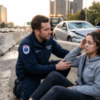 Paramedic consoles a young woman sitting against a highway barrier during a car crash scene, with police cars and damaged vehicle in the background.
