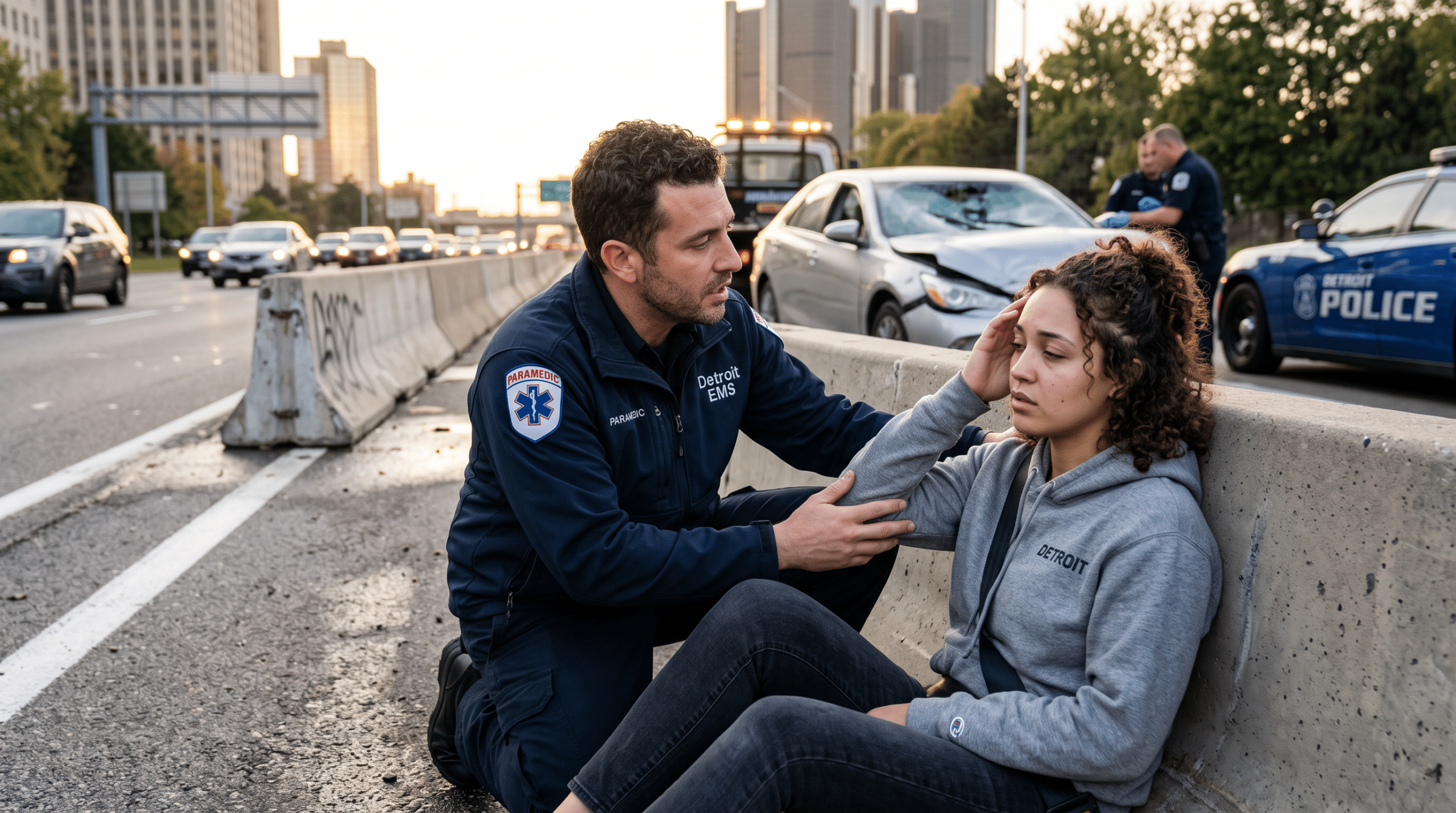 Paramedic consoles a young woman sitting against a highway barrier during a car crash scene, with police cars and damaged vehicle in the background.