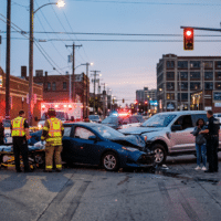 Emergency responders, police tape, and bystanders at a multi-vehicle crash in a city intersection at dusk with flashing lights and an ambulance in the background.