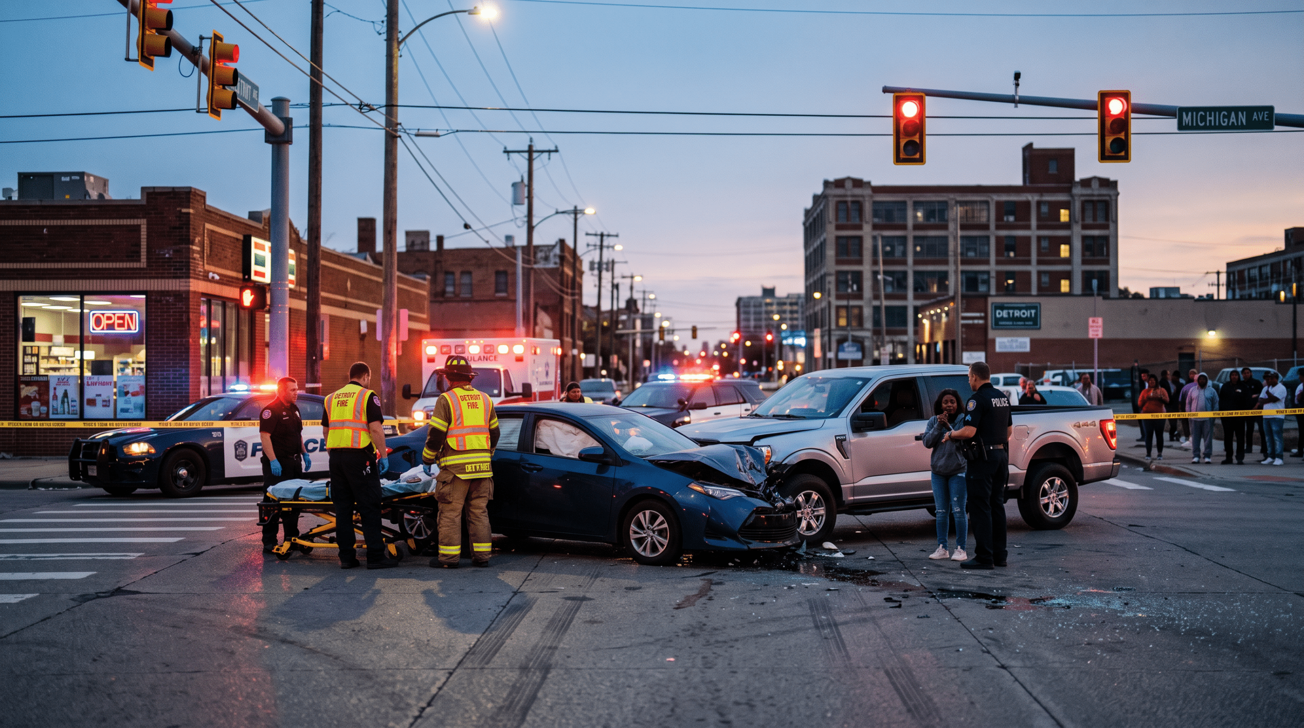 Emergency responders, police tape, and bystanders at a multi-vehicle crash in a city intersection at dusk with flashing lights and an ambulance in the background.