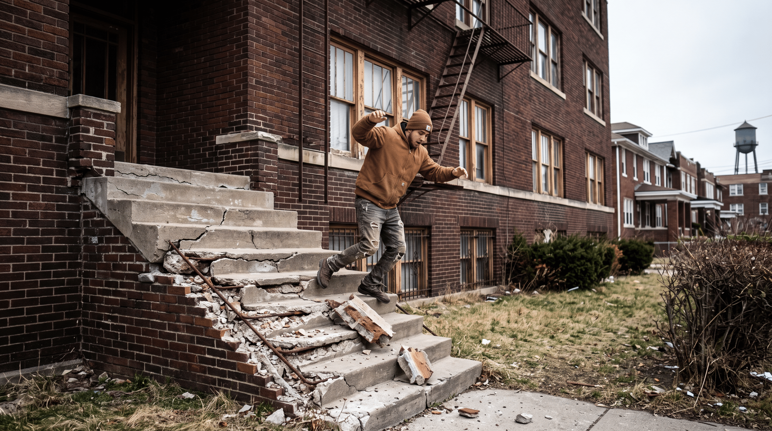 Injured By Broken Stairs At An Apartment Or Business Man in a brown hoodie and beanie jumps off cracked concrete steps outside a brick apartment building, debris scattered around the stairs quickly.