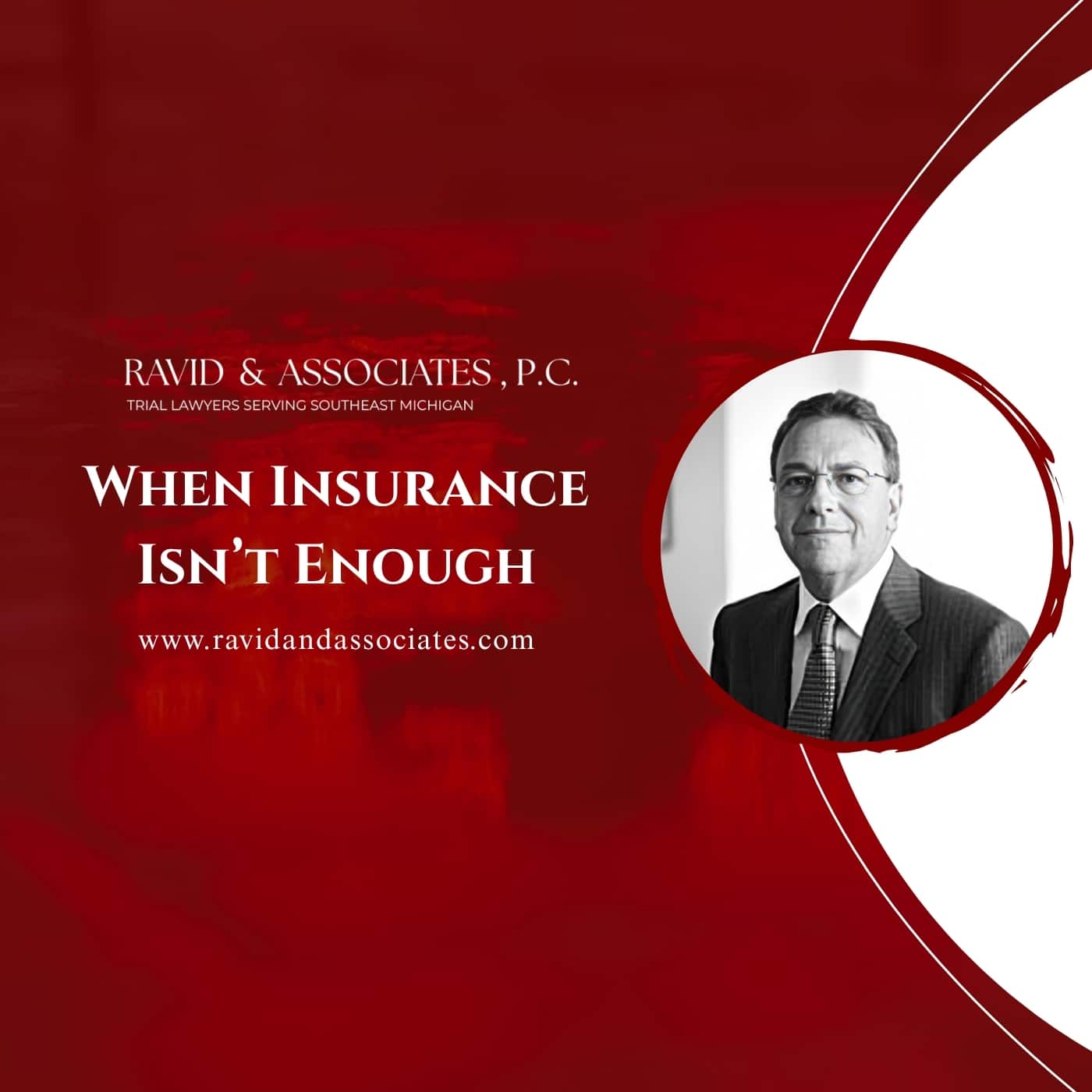Law firm banner for Ravid & Associates, P.C. with a circular portrait of a lawyer and the slogan 