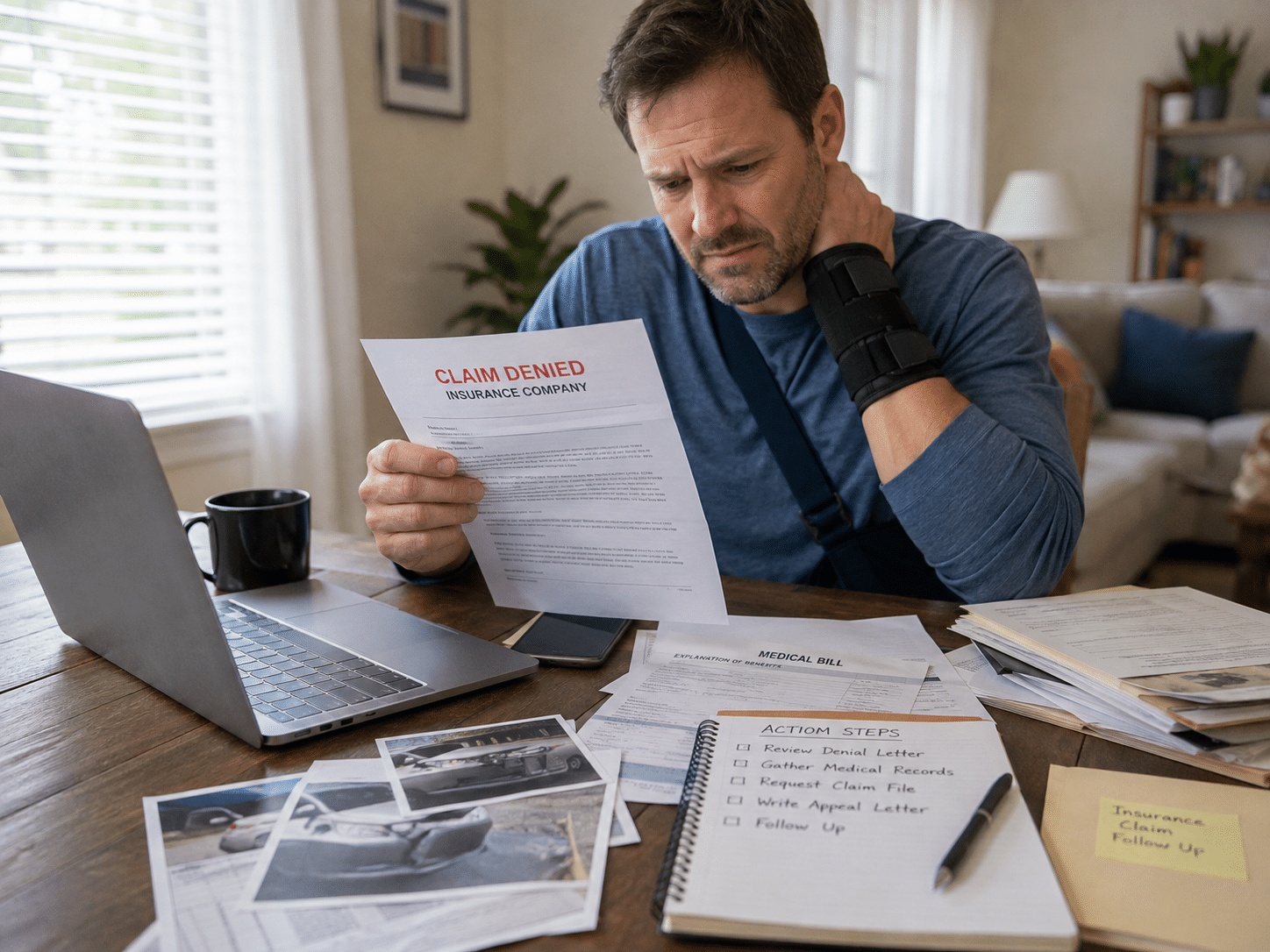 What To Do When The Insurance Company Refuses To Pay Your Injury Claim Man in a blue long-sleeve shirt with a black arm brace reads a