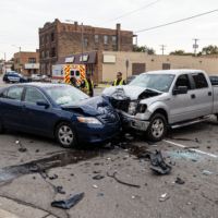 Two heavily damaged vehicles collide at an urban intersection with responders and emergency tape in the background, debris scattered across the street.