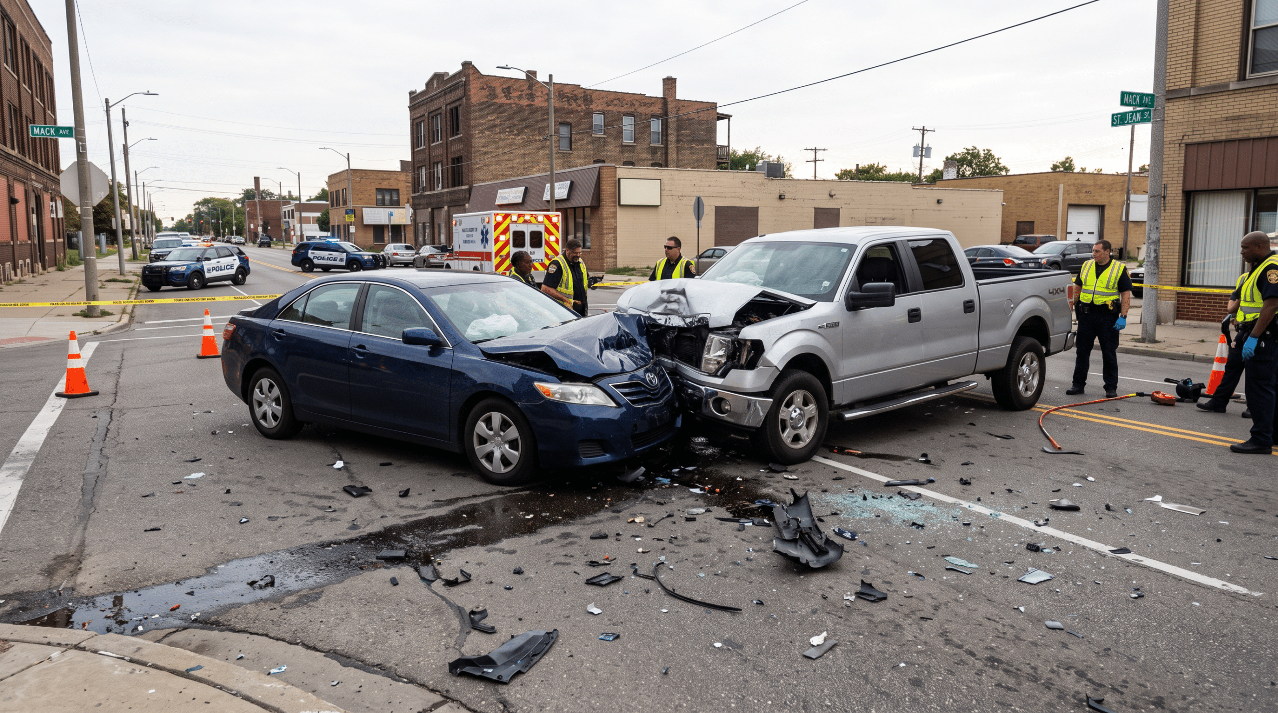 Two heavily damaged vehicles collide at an urban intersection with responders and emergency tape in the background, debris scattered across the street.