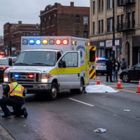 Ambulance with flashing lights at a city street incident, police cars on scene, and a body covered by a sheet on the road with responders nearby.