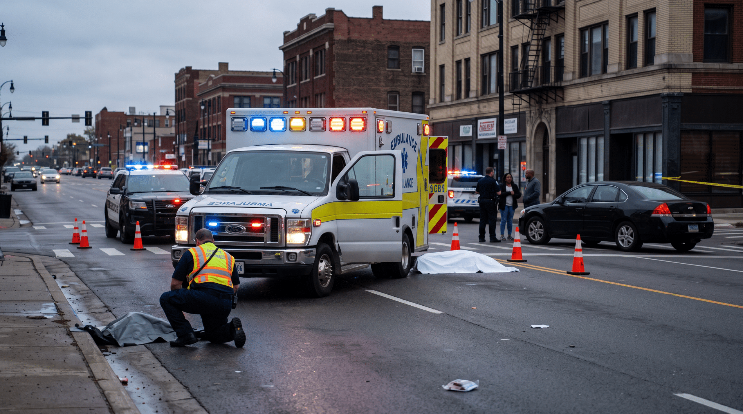 Ambulance with flashing lights at a city street incident, police cars on scene, and a body covered by a sheet on the road with responders nearby.
